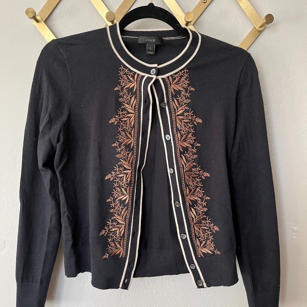 J. Crew Raffia Jackie cardigan sweater black Size Small copper embroidered PREOW